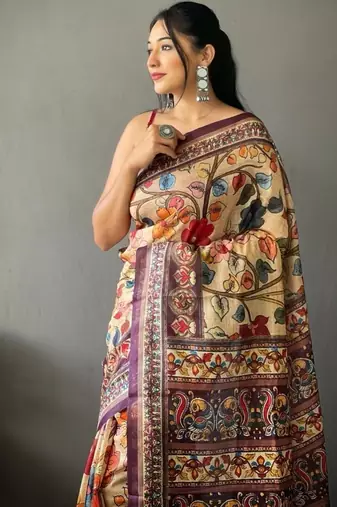 Cream art silk  woven saree