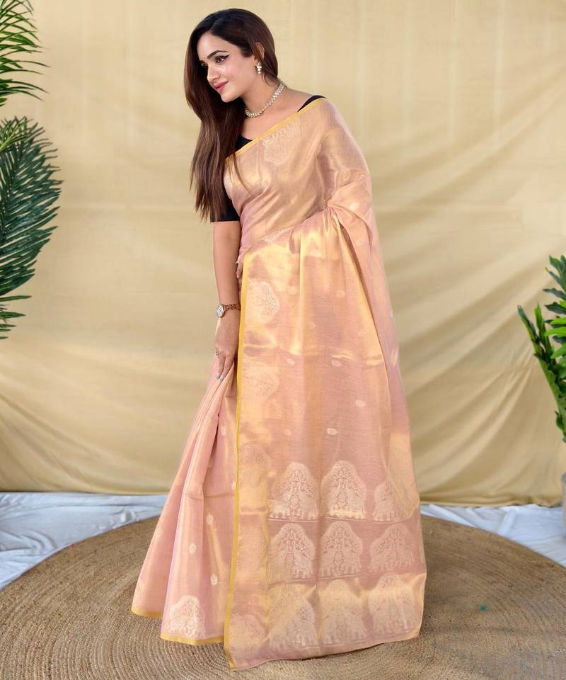 Light peach art silk  woven saree