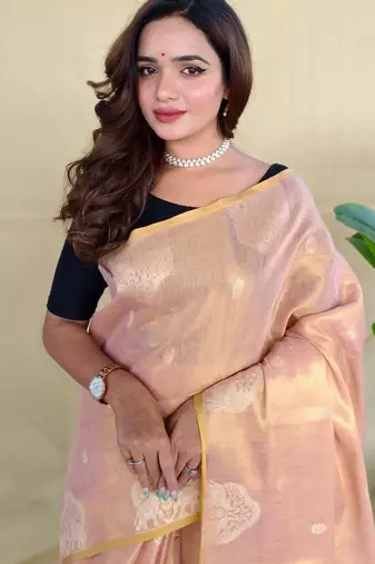 Light peach art silk  woven saree