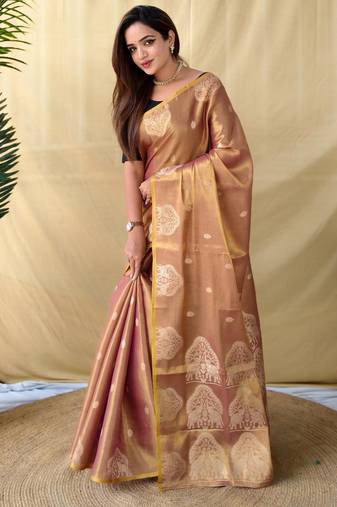 Peach art silk  woven saree
