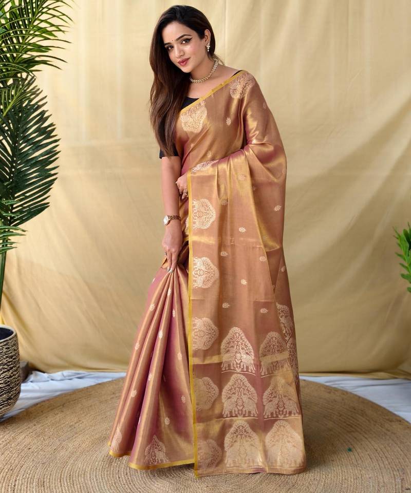 Peach art silk  woven saree