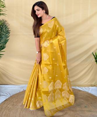 Yellow art silk  woven saree 2