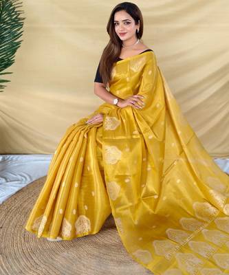 Yellow art silk  woven saree 3