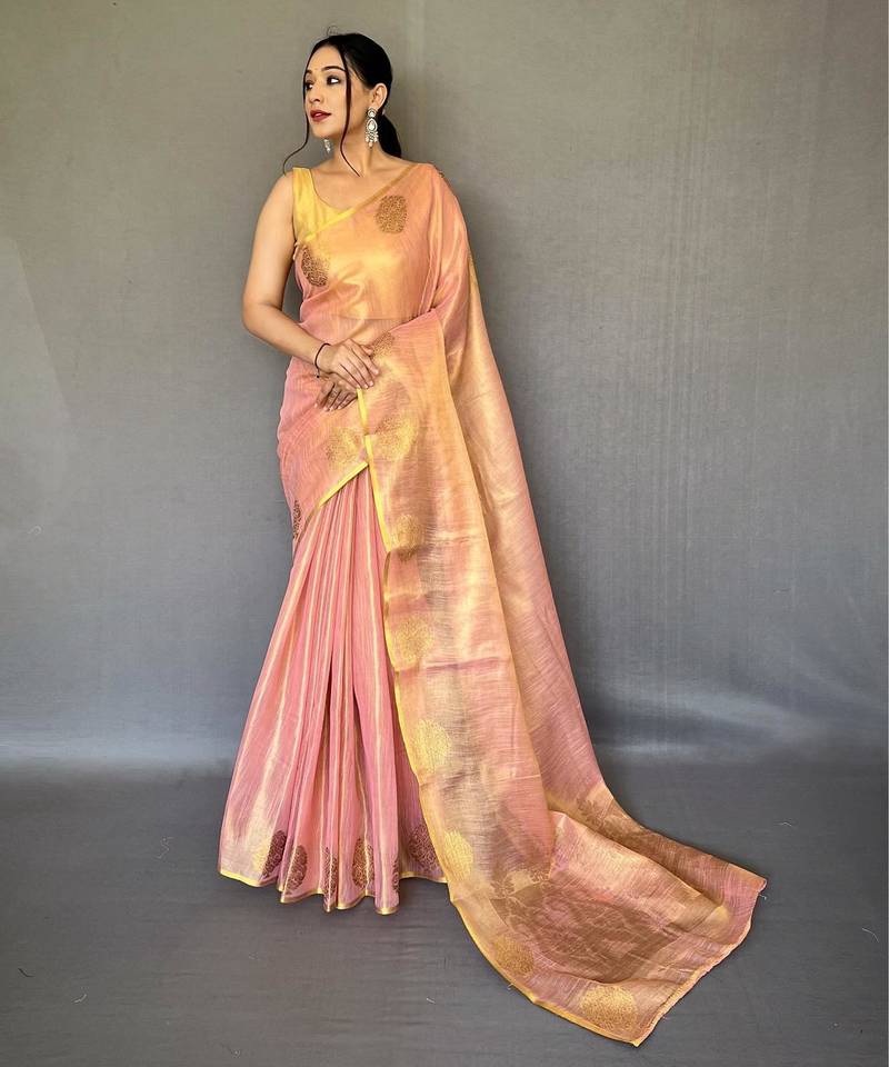 Light peach art silk  woven saree