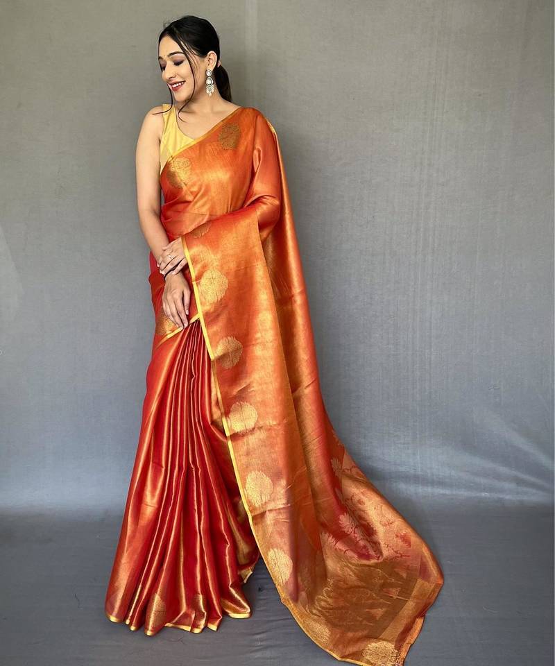 Orange art silk  woven saree