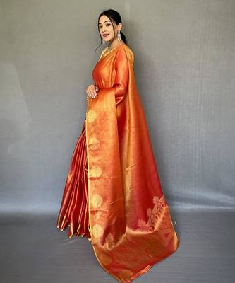 Orange art silk  woven saree 2