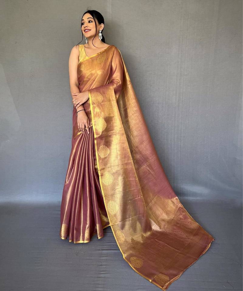 Peach art silk  woven saree
