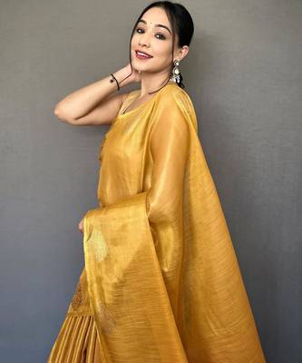 Yellow art silk  woven saree 4