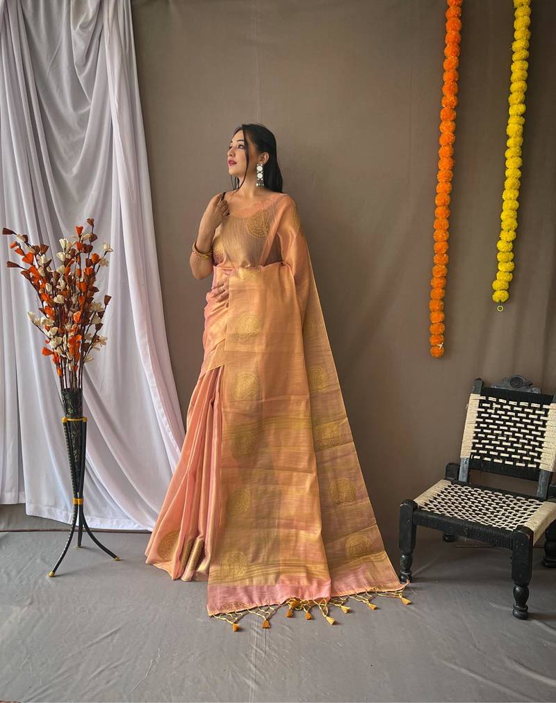 Light peach art silk  woven saree