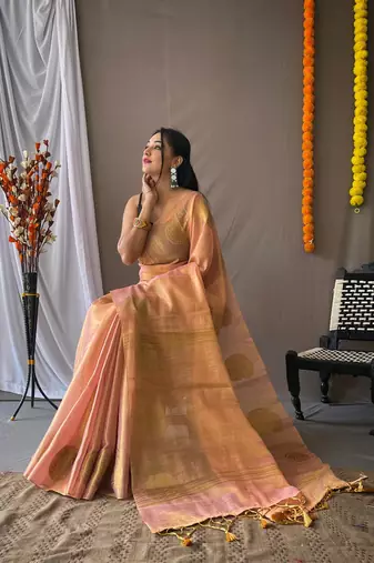 Light peach art silk  woven saree