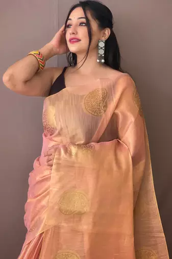 Light peach art silk  woven saree