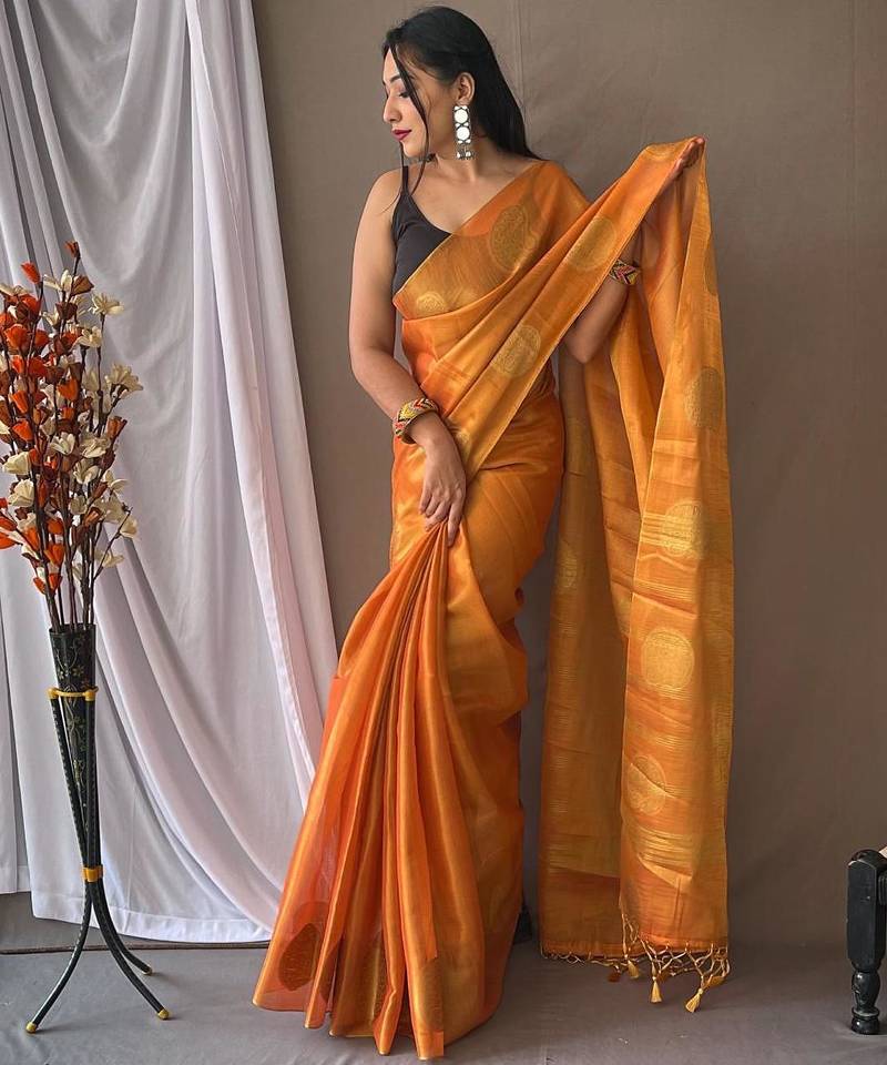 Orange art silk  woven saree