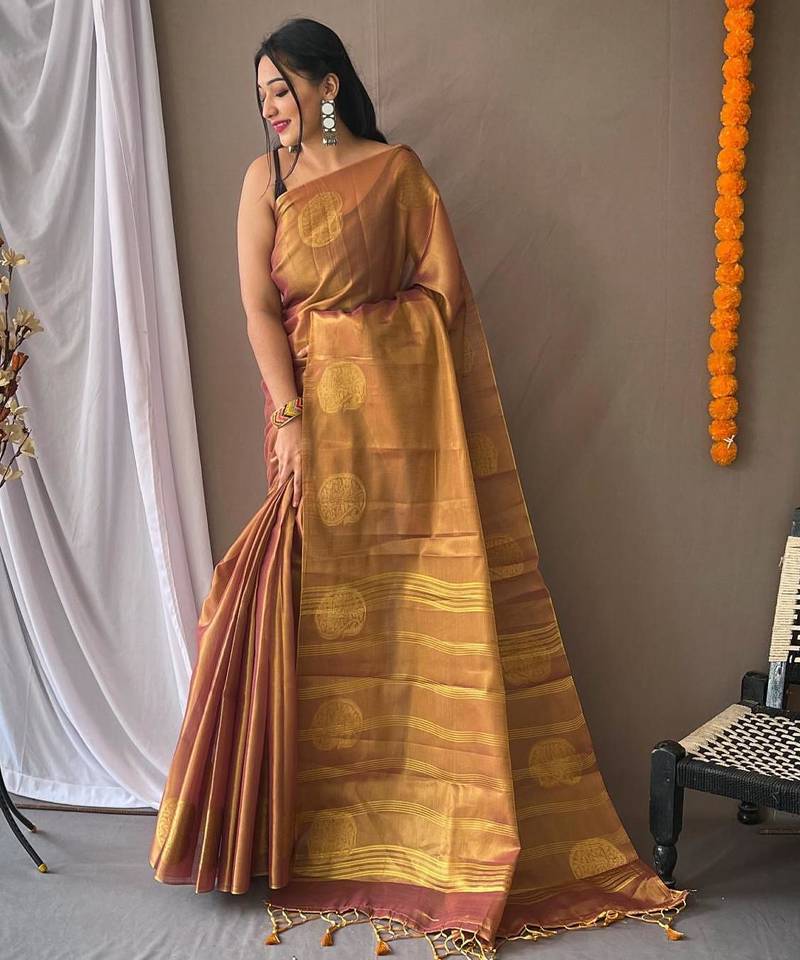 Peach art silk  woven saree