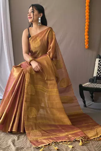 Peach art silk  woven saree