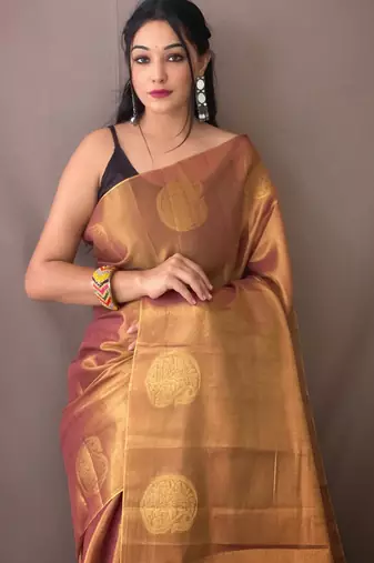 Peach art silk  woven saree