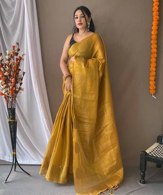 Yellow art silk  woven saree 1