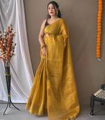 Yellow art silk  woven saree