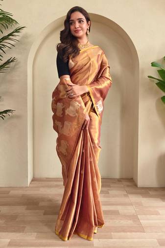 Peach art silk  woven saree