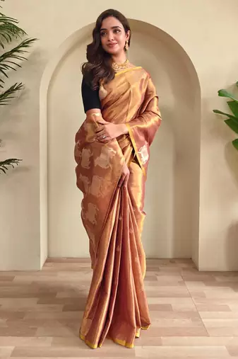 Peach art silk  woven saree