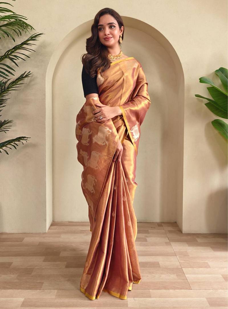 Peach art silk  woven saree