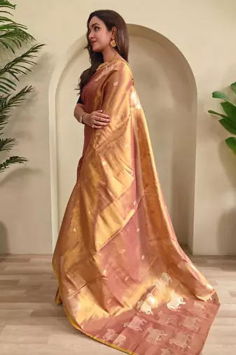Peach art silk  woven saree