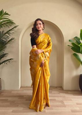 Yellow art silk  woven saree 1