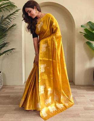 Yellow art silk  woven saree 2