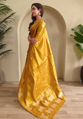 Yellow art silk  woven saree 3