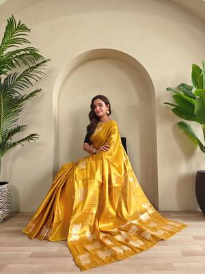 Yellow art silk  woven saree 4