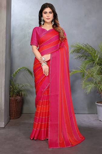 Pink satin patta swarovski work saree with matching blouse piece