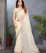 Cream fendy chiffon sequence work saree with matching blouse piece