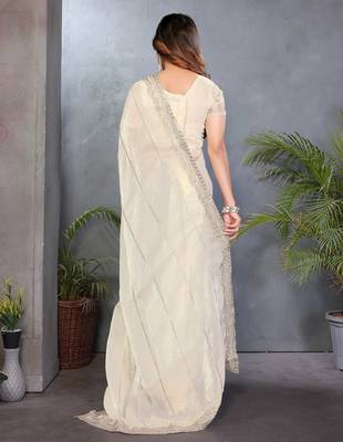 Cream fendy chiffon sequence work saree with matching blouse piece 2