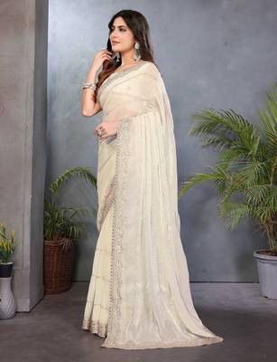 Cream fendy chiffon sequence work saree with matching blouse piece 3