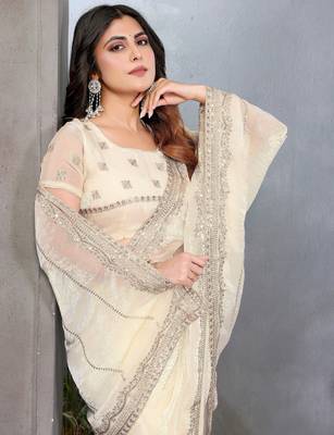Cream fendy chiffon sequence work saree with matching blouse piece 4