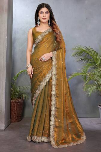 Olive fendy chiffon embroidery work saree with matching blouse piece