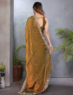 Olive fendy chiffon embroidery work saree with matching blouse piece 2