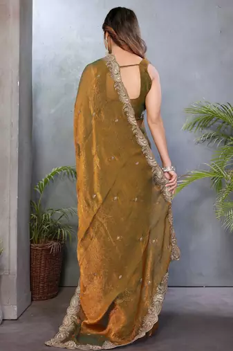 Olive fendy chiffon embroidery work saree with matching blouse piece