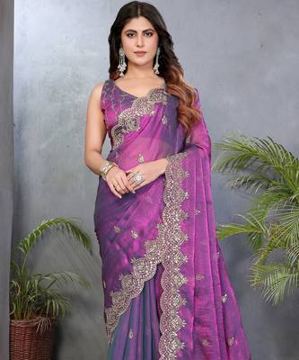Purple fendy chiffon embroidery work saree with matching blouse piece 1