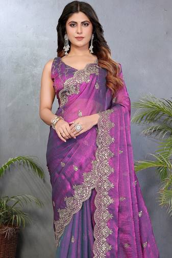 Purple fendy chiffon embroidery work saree with matching blouse piece