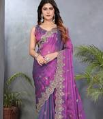 Purple fendy chiffon embroidery work saree with matching blouse piece