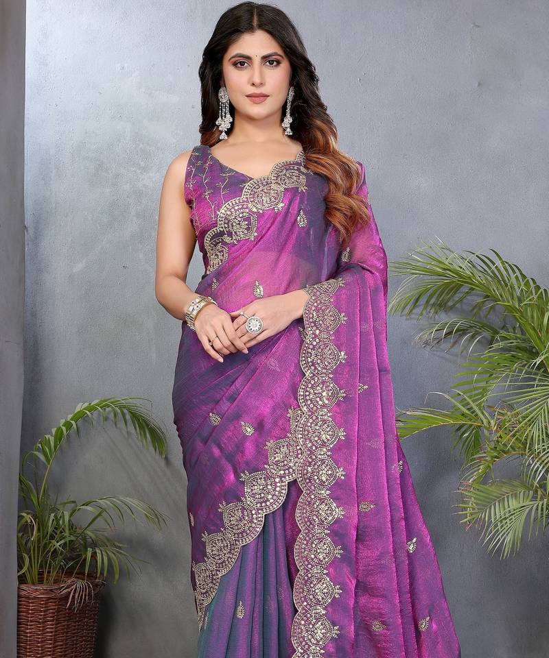 Purple fendy chiffon embroidery work saree with matching blouse piece