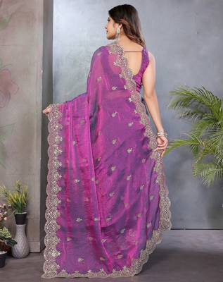 Purple fendy chiffon embroidery work saree with matching blouse piece 2