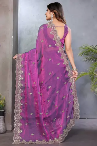 Purple fendy chiffon embroidery work saree with matching blouse piece