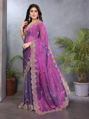 Purple fendy chiffon embroidery work saree with matching blouse piece 3