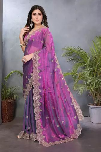 Purple fendy chiffon embroidery work saree with matching blouse piece