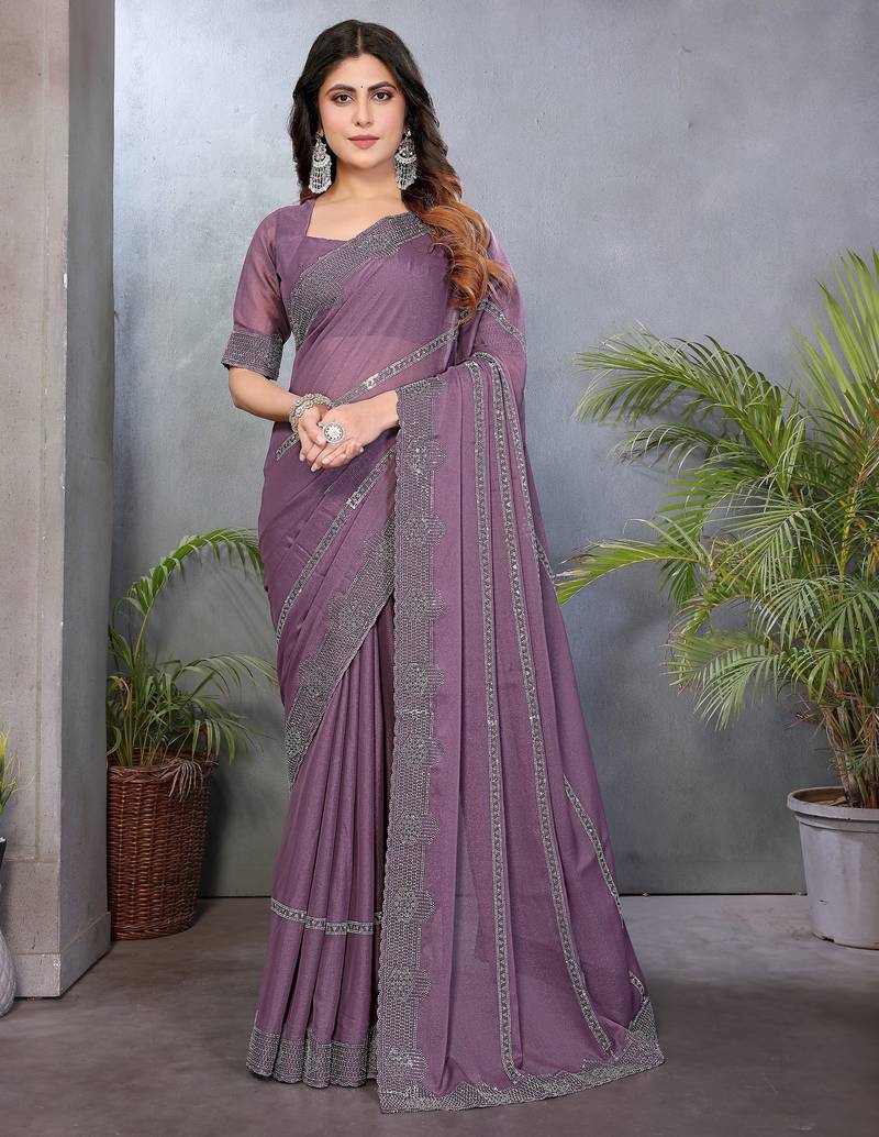 Mauve  georgette swarovski work saree with matching blouse piece