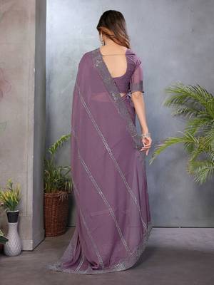 Mauve  georgette swarovski work saree with matching blouse piece 2
