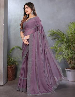 Mauve  georgette swarovski work saree with matching blouse piece 3