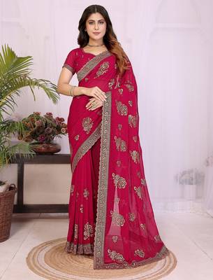 Rani pink georgette embroidery work saree with matching blouse piece 1