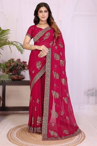 Rani pink georgette embroidery work saree with matching blouse piece